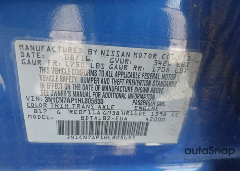 2017 Nissan Versa 1.6 Sv from USA, damaged, VIN 3N1CN7AP1HL805655